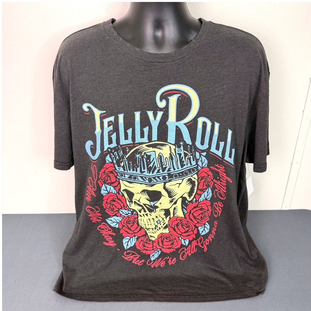 Jelly Roll T-Shirt Mens L Beautifully Broken Skull Roses Charcoal Grey Graphic